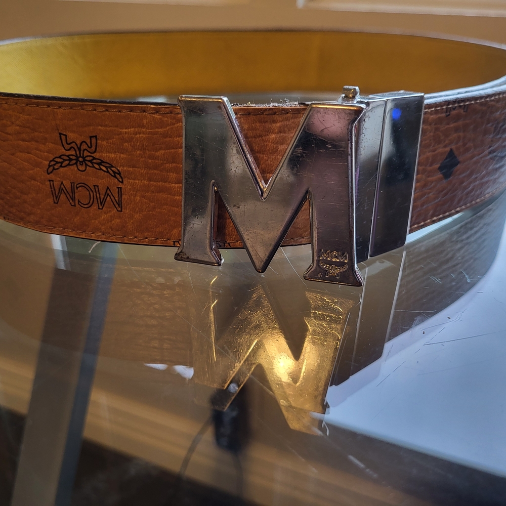 MCM Tan Leather Belt with Silver M Buckle